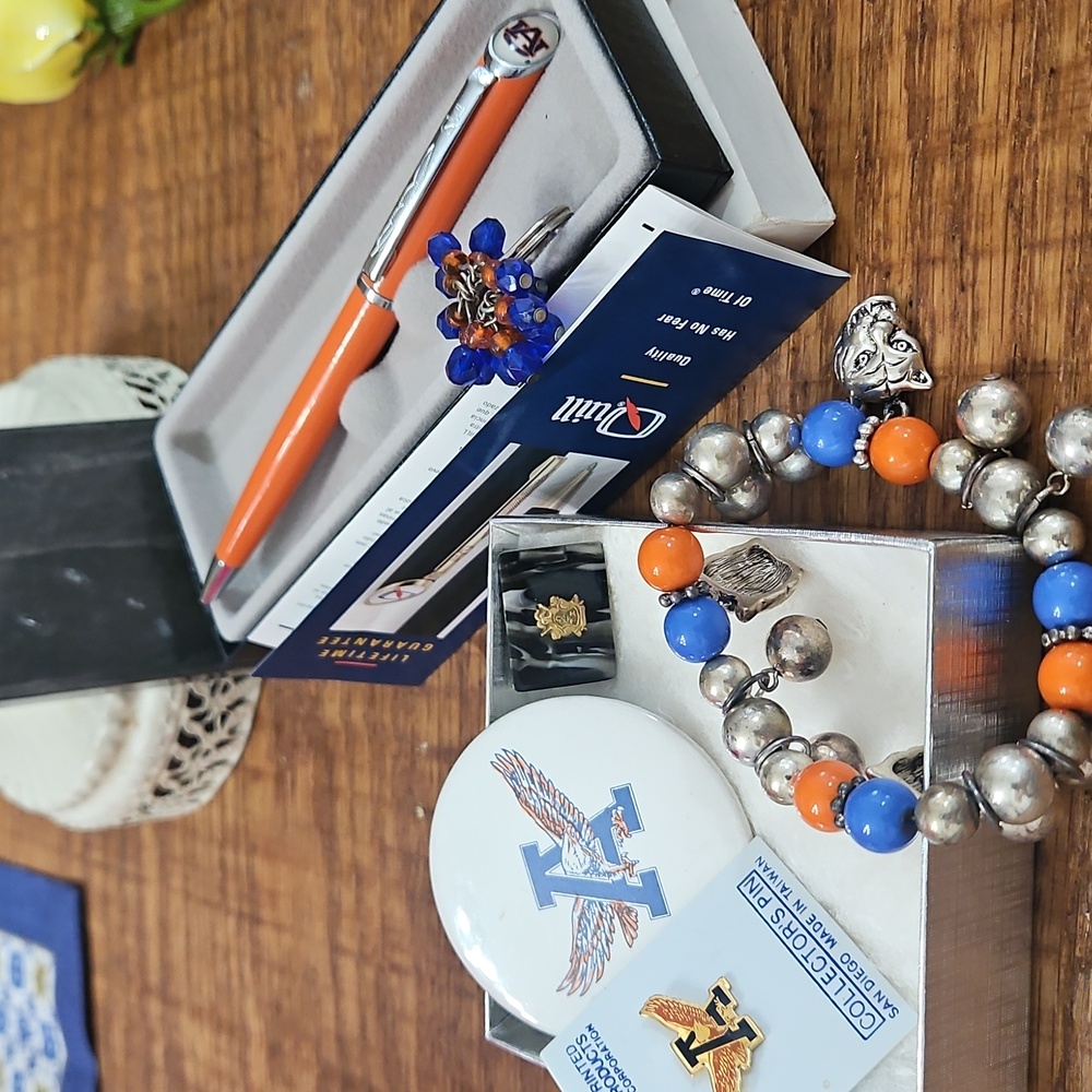 Auburn Tigers quill pen, charm bracelet, pin, ring